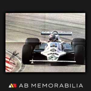 Alan Jones signed Williams-Ford FW07B Formula One poster measuring 21 × 15.5 inches