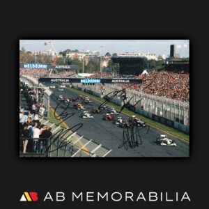 2009 Australian Grand Prix at Albert Park Photograph. Signed by Kimi Raikkonen, Lewis Hamilton and Sebastian Vettel. Original signatures along with Nick Heldfel and Kazuki Nakajima. F1 Memorabilia