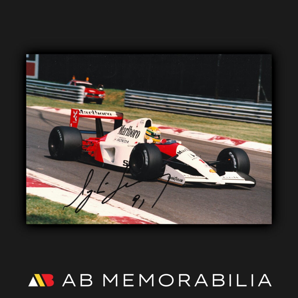 Original Ayrton Senna Signed Photograph. Autographed by Ayrton Senna with 1991 to his signature. McLaren MP4/6 F1 Memorabilia