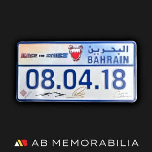 Official 2018 Bahrain Grand Prix Plate signed by Lewis Hamilton and Valtteri Bottas bold signatures. Mercedes W09.