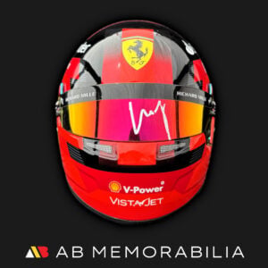 Carlos Sainz signed helmet 2024 Ferrari Bell 1:2 half scale front view with silver autograph across the visor.