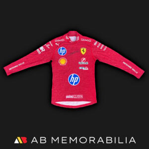 Front of Charles Leclerc’s signed 2026 Monaco Grand Prix race-allocated Ferrari Nomex under race suit shirt top