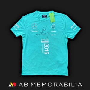 Mercedes AMG Petronas 2015 Formula 1 race winner t-shirt signed by Lewis Hamilton and Nico Rosberg, official Hugo Boss team-issued staff apparel authentic autographs, original tag intact, Mercedes F1 memorabilia