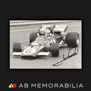 Mario Andretti signed original press photograph driving Ferrari 312 at 1971 Spanish Grand Prix Montjuich Park, April 18 1971, photo by Remy Stohler with reverse stamp, vintage Formula 1 memorabilia. Chassis #002