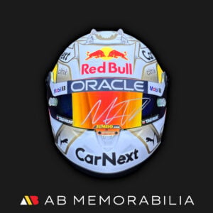 Max Verstappen signed 2022 half scale Red Bull F1 helmet with silver visor autograph