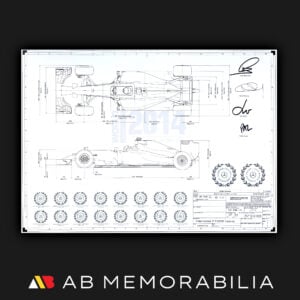 Technical illustration of the Mercedes W05 Formula One 2014 car, signed by Lewis Hamilton, Nico Rosberg, Toto Wolff, Paddy Lowe, and Andy Cowell, on a 420 x 295mm print.