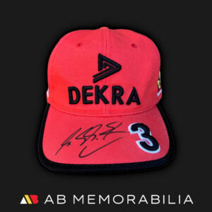 Michael Schumacher signed 1998 Ferrari DEKRA cap, front view showing black autograph and embroidered number 3 on the peak.