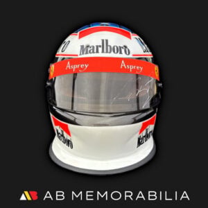 Front view of Michael Schumacher signed 1996 Bell half-scale Ferrari helmet with Asprey visor strip and autograph. Ferrari memorabilia