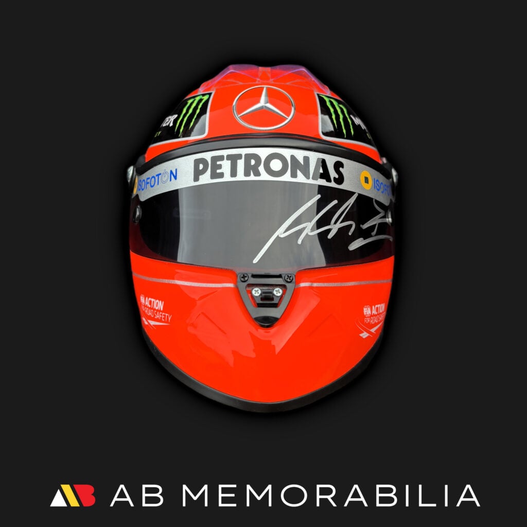 Michael Schumacher Signed Helmet. Michael Schumacher memorabilia autographed half 1.2 scale helmet 2012 Mercedes F1.
