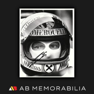 Niki Lauda Signed Autograph across a hand printed original photograph printed from the Negative. Niki Lauda AGV helmet shows the racing marks. Rare F1 memorabilia