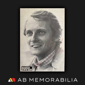 Niki Lauda signature is red ink. Rare early signed autograph of Lauda during Ferrari career