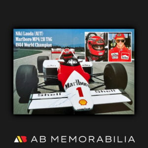 Niki Lauda Authentic Signed Autograph McLaren MP4/2B TAG 1984 Poster. Featuring Lauda with Bell helmet and race suit. Genuine autograph signed across image, McLaren F1.