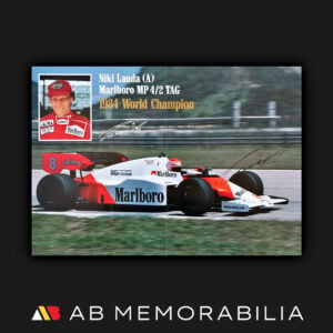Niki Lauda Authentic Signed Autograph McLaren MP4/2B TAG 1984 Poster. Featuring Lauda with Bell helmet and race suit. Genuine autograph signed across image, McLaren F1.