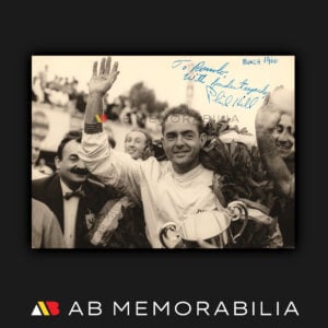 Phil Hill signed photograph winning the 1960 Italian Grand Prix at Monza, dedicated to Ferrari team manager Romolo Tavoni, original Jesse Alexander motorsport photo.