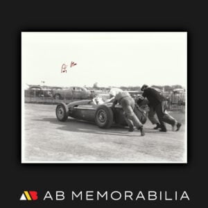 Stirling Moss signature on original vintage press photograph Silverstone 1954 Maserati 250F.