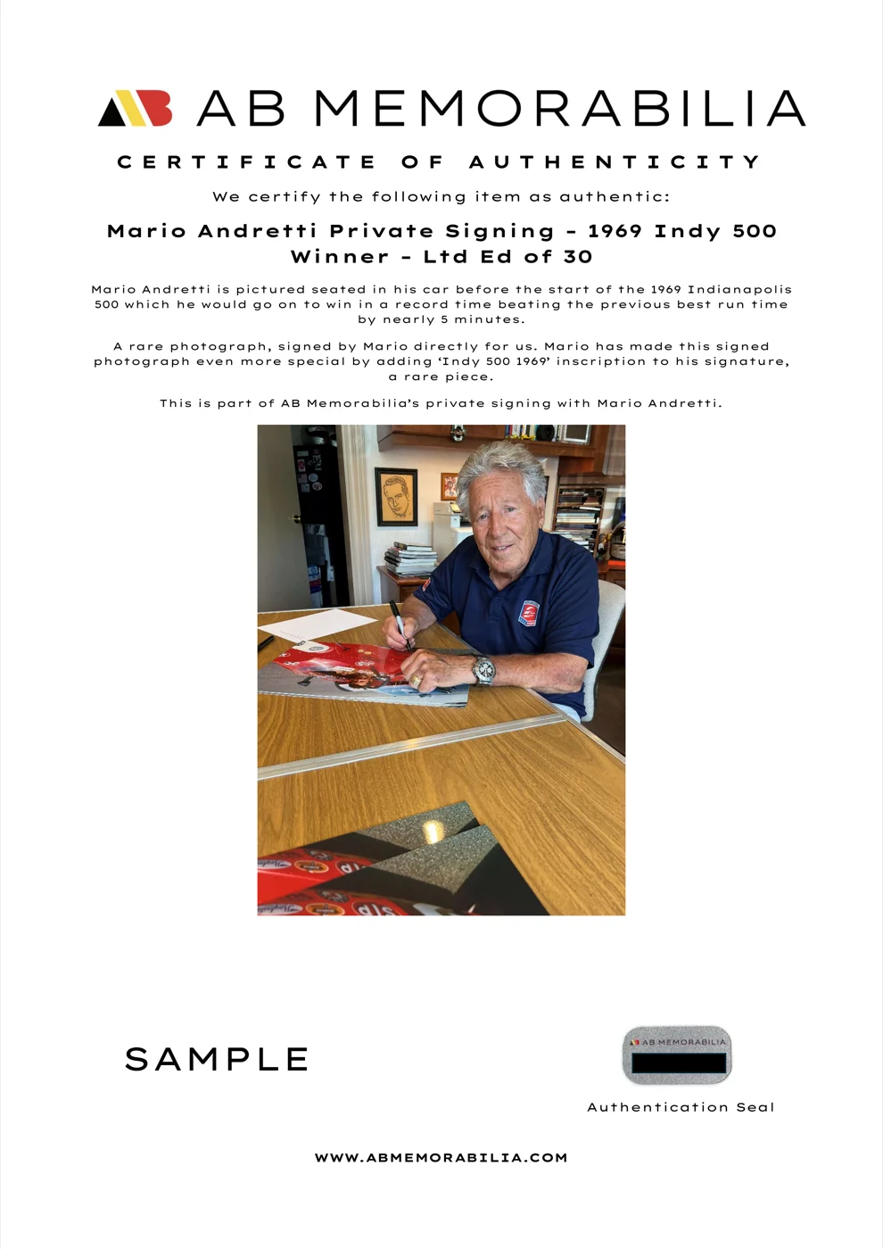 Example AB Memorabilia certificate of authenticity