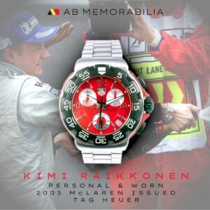 Tag Heuer F1 Chronograph CAC112 was personally issued by McLaren exclusively for Kimi Räikkönen’s personal use during the 2005 Formula 1 season. Worn by Kimi throughout the F1 season. A significant piece of F1 Memorabilia